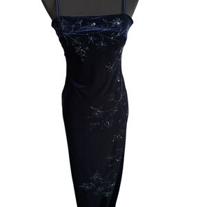 Y2K Velvet Maxi Slip Dress Spaghetti Strap  Beaded Floral Formal Navy Blue 7/8